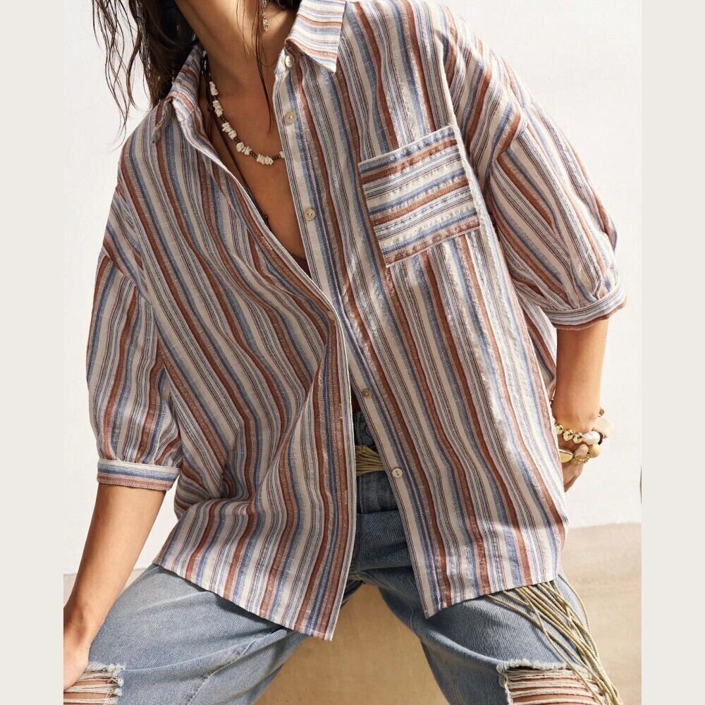 Blue Brown Striped Button Front Oversized Shirt